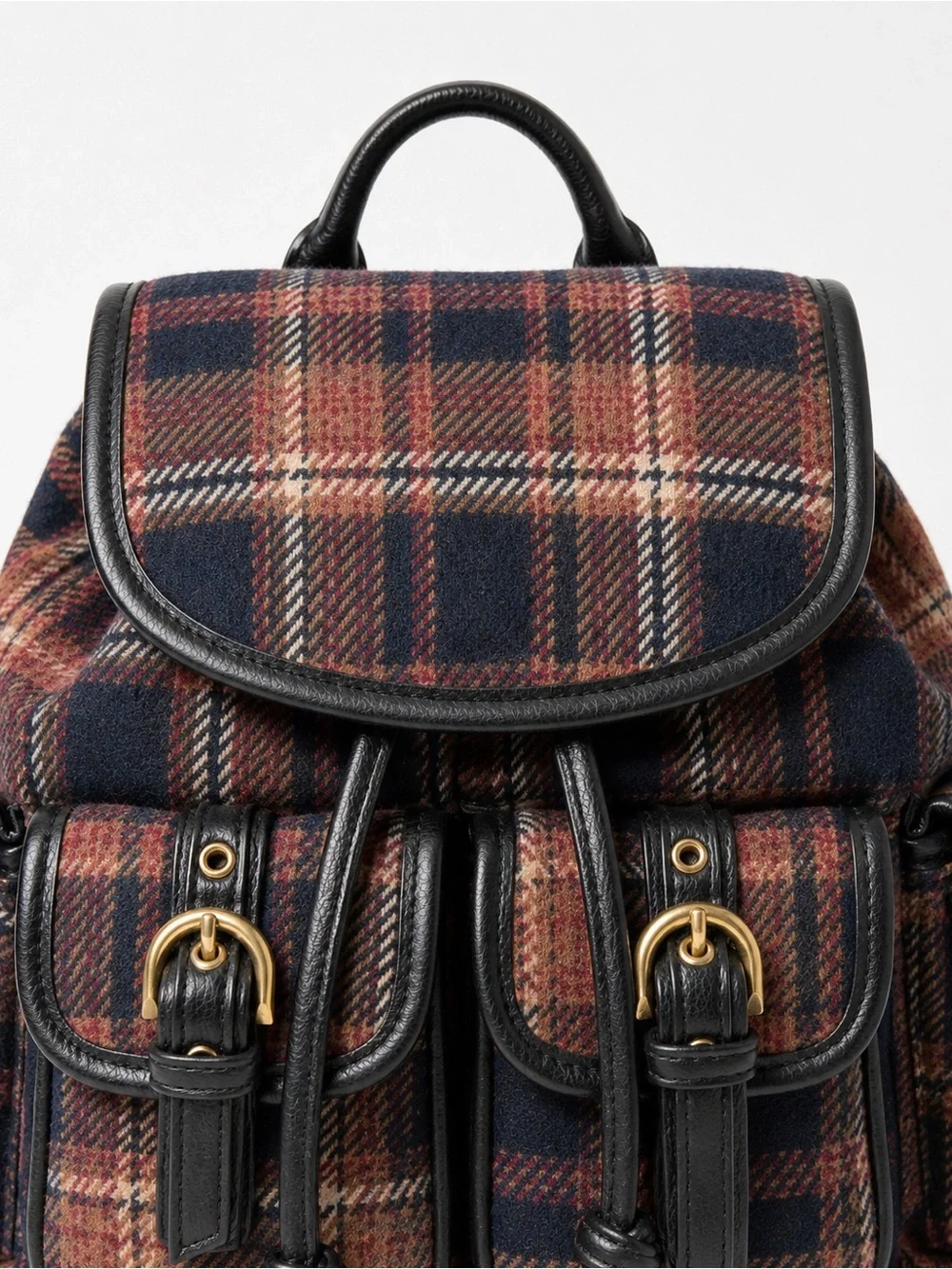 Madden Girl Navy Blue, Tan and Red Plaid Mini Backpack with Gold Hardware